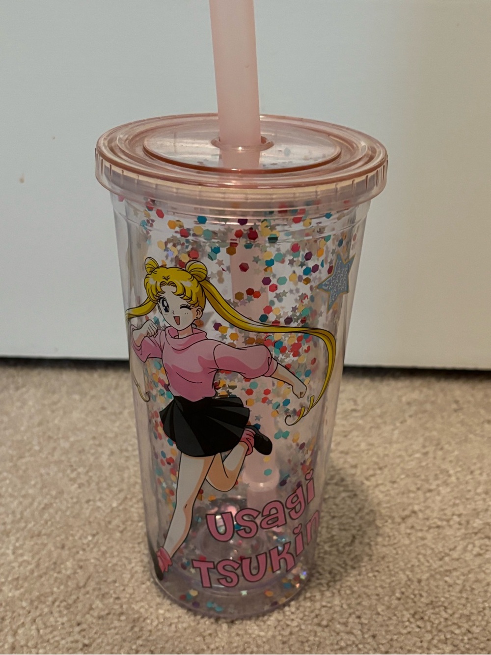 Sailor Moon Usagi Tsukino Acrylic Travel Cup Glitter Tumbler - Pink Lid & Straw